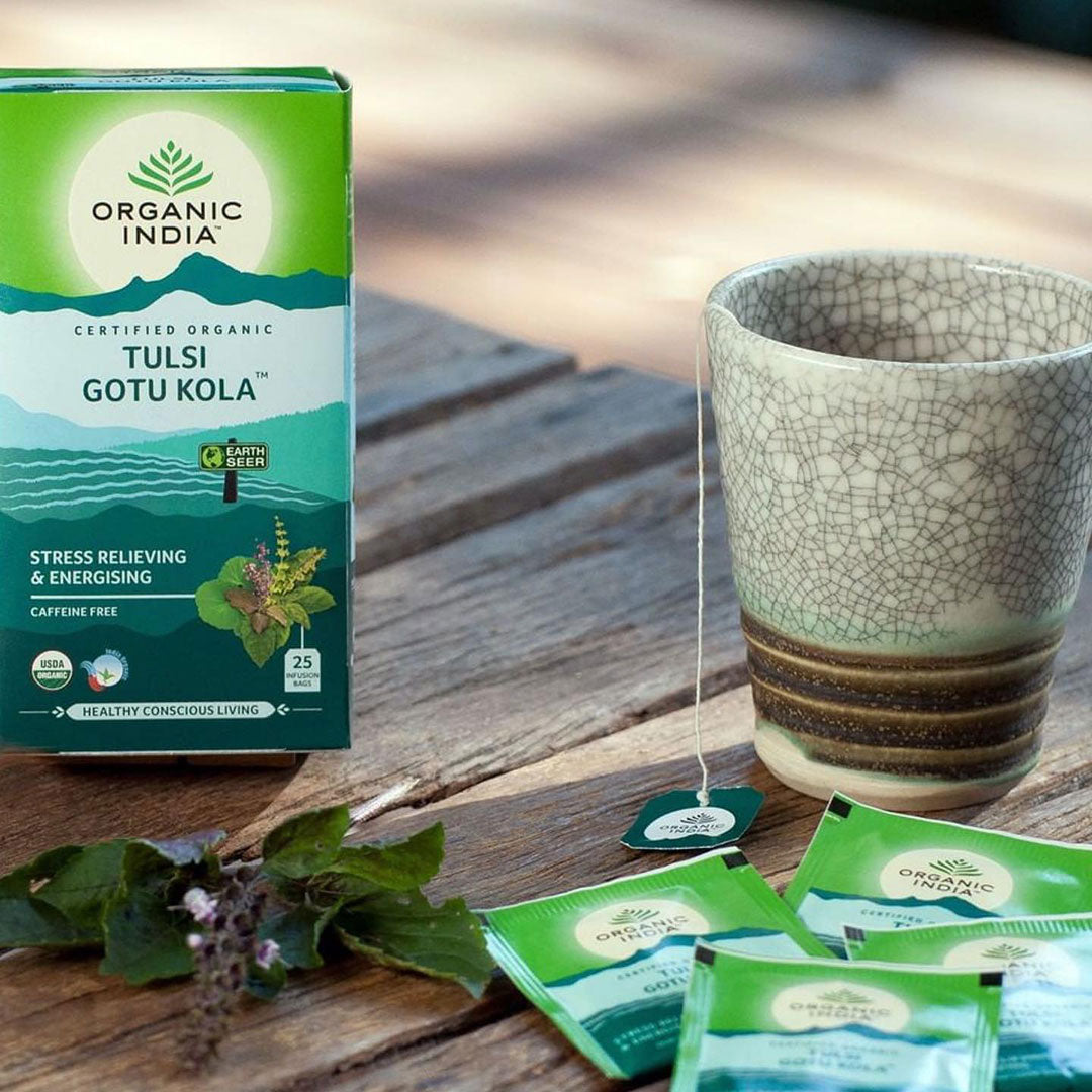 Organic India, Чай BIO Tulsi Gotu Kola, без кофеина, 25 пакетиков для заваривания 