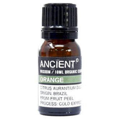 Organic orange essential oil bottle from AW GIFTS with a clear label and orange liquid inside.