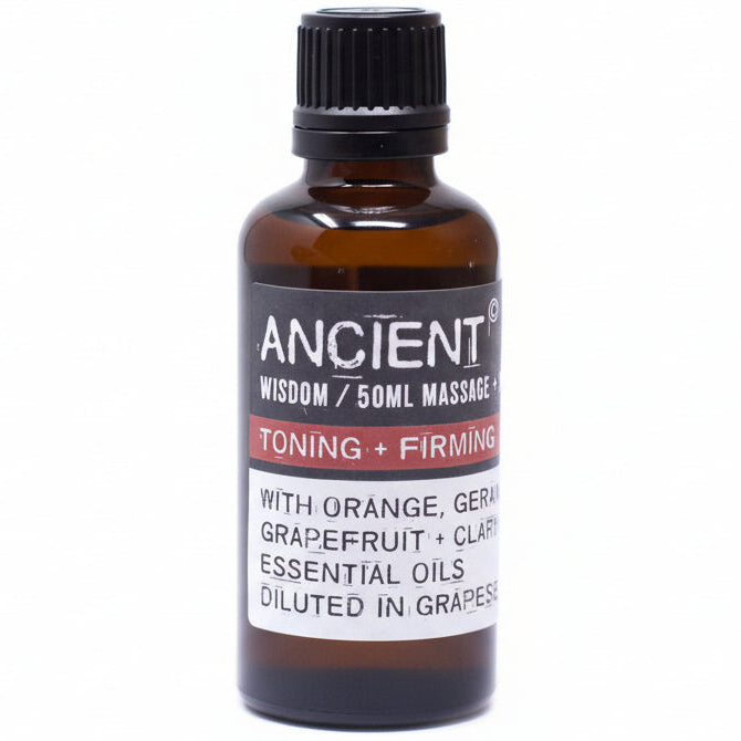 AW Gifts Toning & Firming Massage Oil bottle, 100ml, in a natural skin care setting with a focus on smooth, healthy skin.