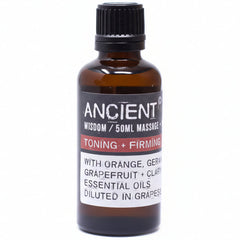 AW Gifts Toning & Firming Massage Oil bottle, 100ml, in a natural skin care setting with a focus on smooth, healthy skin.