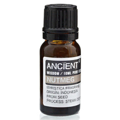 AW Gifts Nutmeg Essential Oil bottle for skin care, 10 ml, with amber glass and label showing product details.