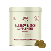 IMBY Allergy & Itch Pet Supplement bottle showing the label and supplement capsules for dogs and cats with allergy relief.