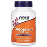 Vegetarian capsule bottle of NOW Foods Colostrum 500 mg supplement by MKSTAVRINOS, with 120 capsules on a white background.