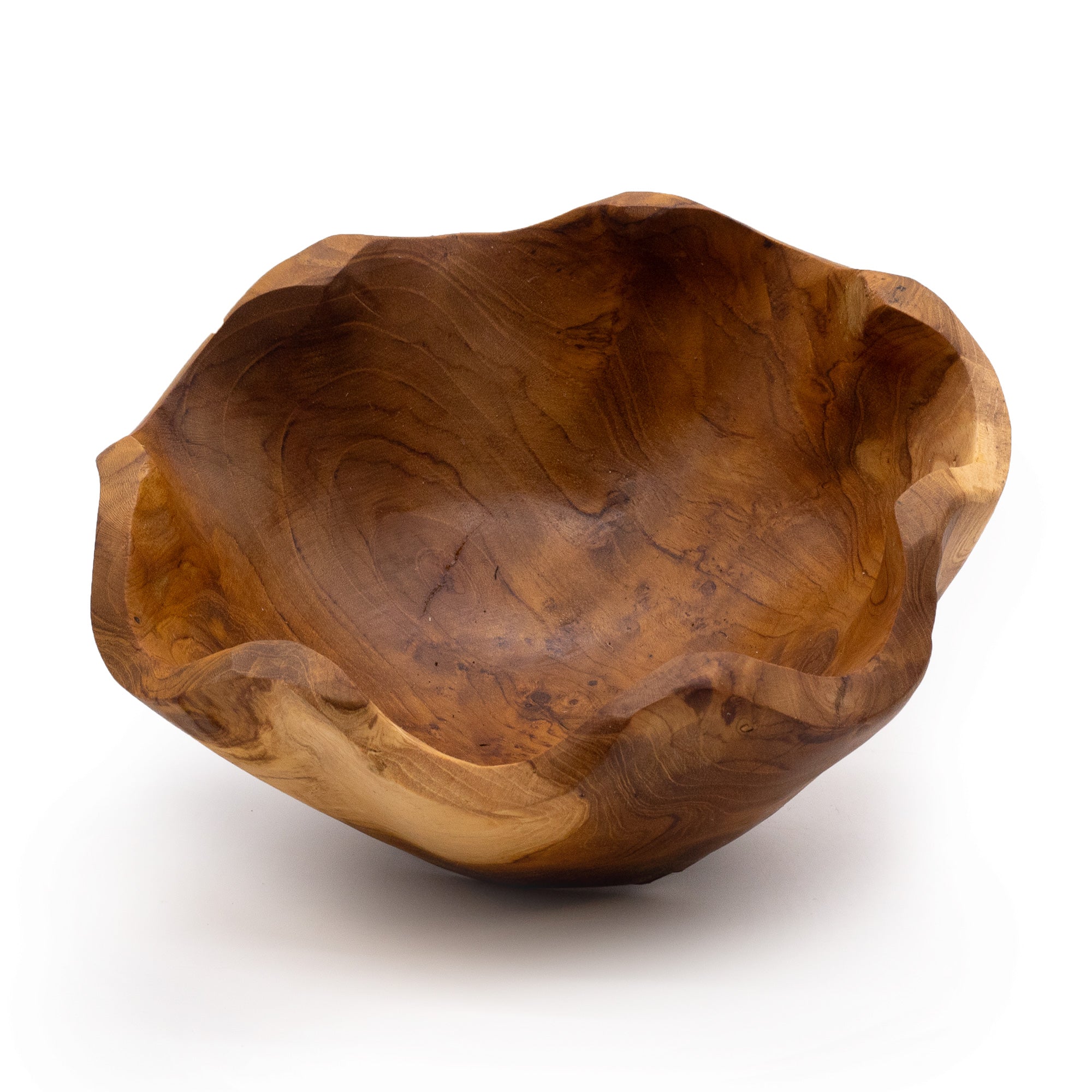 Medium smooth teakwood fruit bowl by AW GIFTS, 21x9cm, showcasing a natural wood finish with a sleek, rounded design.