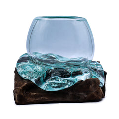 Handmade molten glass bowl from AW GIFTS resting on natural wood, suitable as elegant home decor accent piece.
