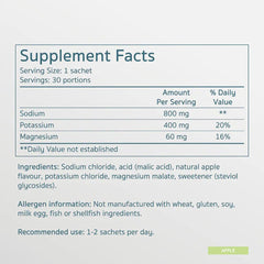 Herbalistas Salte Performance Electrolytes supplement in apple flavor, 30 sachets, with colorful sachets and branding visible.
