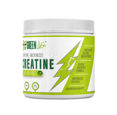 Green Life Ultra Pure Micronized Creatine Monohydrate in 600g unflavored vegan powder, shown in a resealable bag.