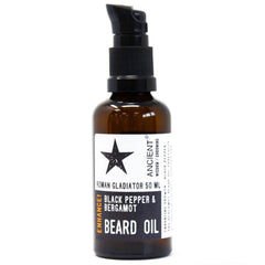 AW Gifts Roman Gladiator beard oil for hair care, 50ml bottle with detailed label and natural ingredients visible.
