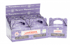Box of 24 AW GIFTS Satya Lavender Backflow Dhoop Cones for incense burning and aromatic backflow smoke effects.