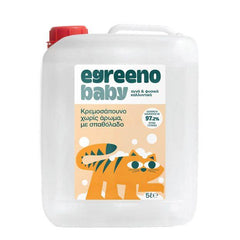 Egreeno Baby Hand Wash in a 5L container, fragrance-free cream soap with olive oil, gentle for baby's delicate skin.