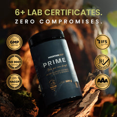 Herbalistas Mountaindrop Prime natural testosterone booster supplement 600g container with label and lid.