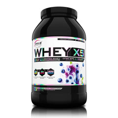 Genius Nutrition WHEY-X5 protein powder in blue flavor with blueberry flavor accents, 900g container, natural fruit imagery.