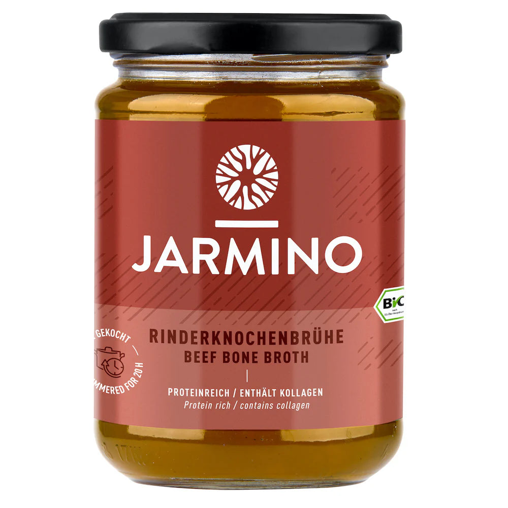 Jarmino organic beef bone broth in a jar, rich in collagen and nutrients, served in a 350ml jar with visible broth and beef bones.