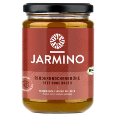 Jarmino organic beef bone broth in a jar, rich in collagen and nutrients, served in a 350ml jar with visible broth and beef bones.