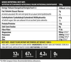 Organic BestOats superfood from Genius Nutrition in a 1000g package, showcasing a bowl of oats with fresh toppings.