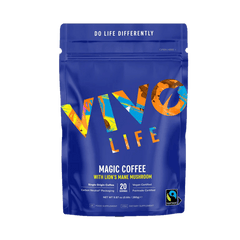 Vivo Life Magic Organic Coffee with Lion’s Mane Mushroom in a coffee mug, showcasing a rich, brewed coffee with mushroom infusion.