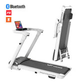 Green Life World D-12 Smart Folding Treadmill with sleek design, digital display, and compact frame for home fitness.