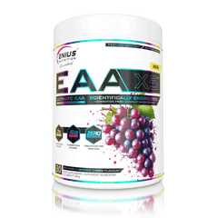 Genius Nutrition EAA-X5 supplement in 360g grape flavor, featuring a container of amino acid powder with a purple label.