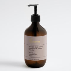 SELNAMEd Longevity Hand & Body Wash in Patchouli & Amber Vanilla, 490ml bottle with front label and pump dispenser.