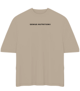 Genius Nutrition oversized T-shirt in sand color, XL size, casual fit, soft fabric, front logo design, displayed on a plain background.
