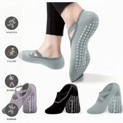 Three pairs of colorful yoga socks with non-slip grips for Pilates and yoga, featuring breathable fabric and flexible fit.