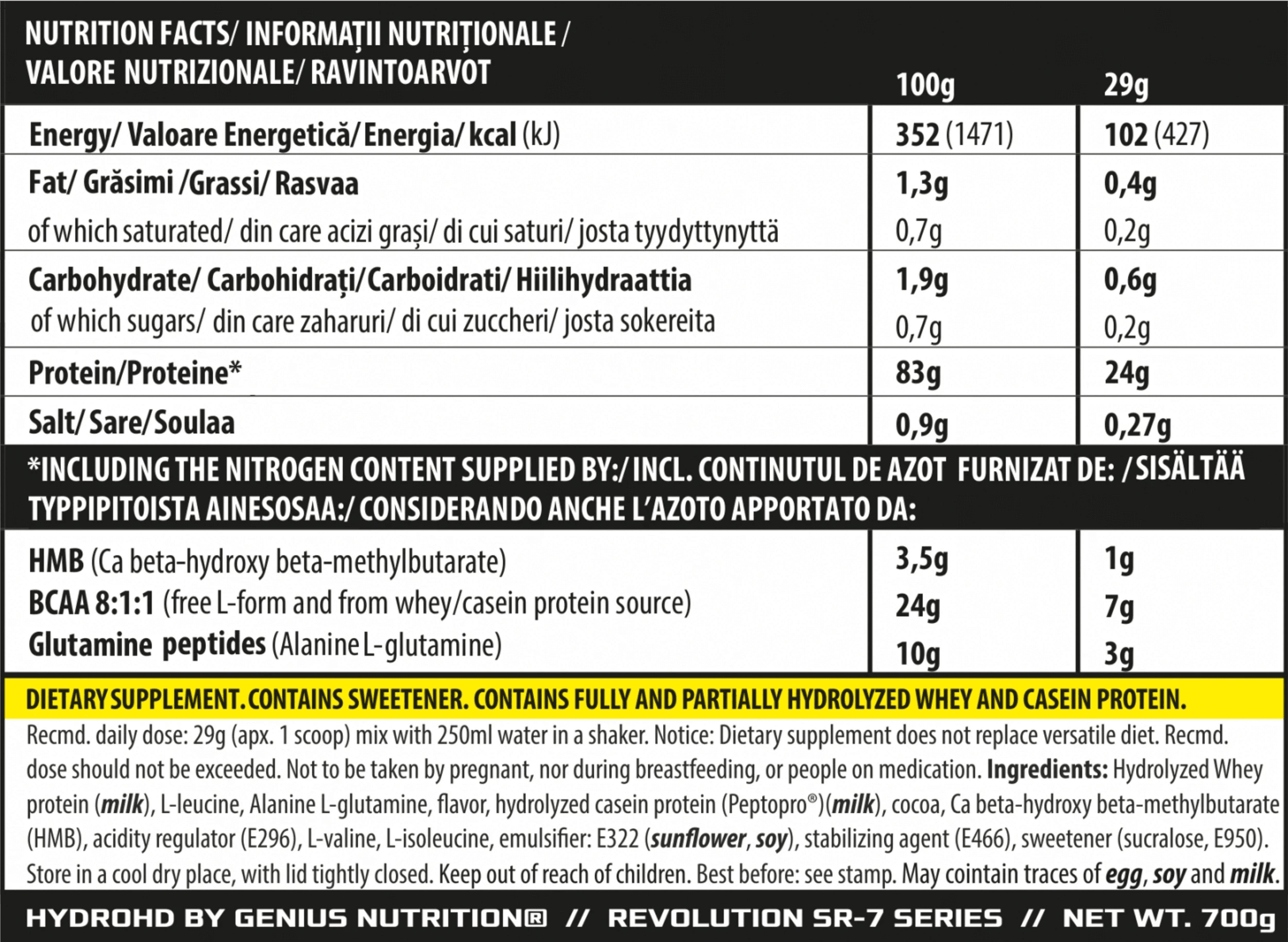 Hydro-HD protein powder by Genius Nutrition in a 700g container, showcasing the product packaging and label.