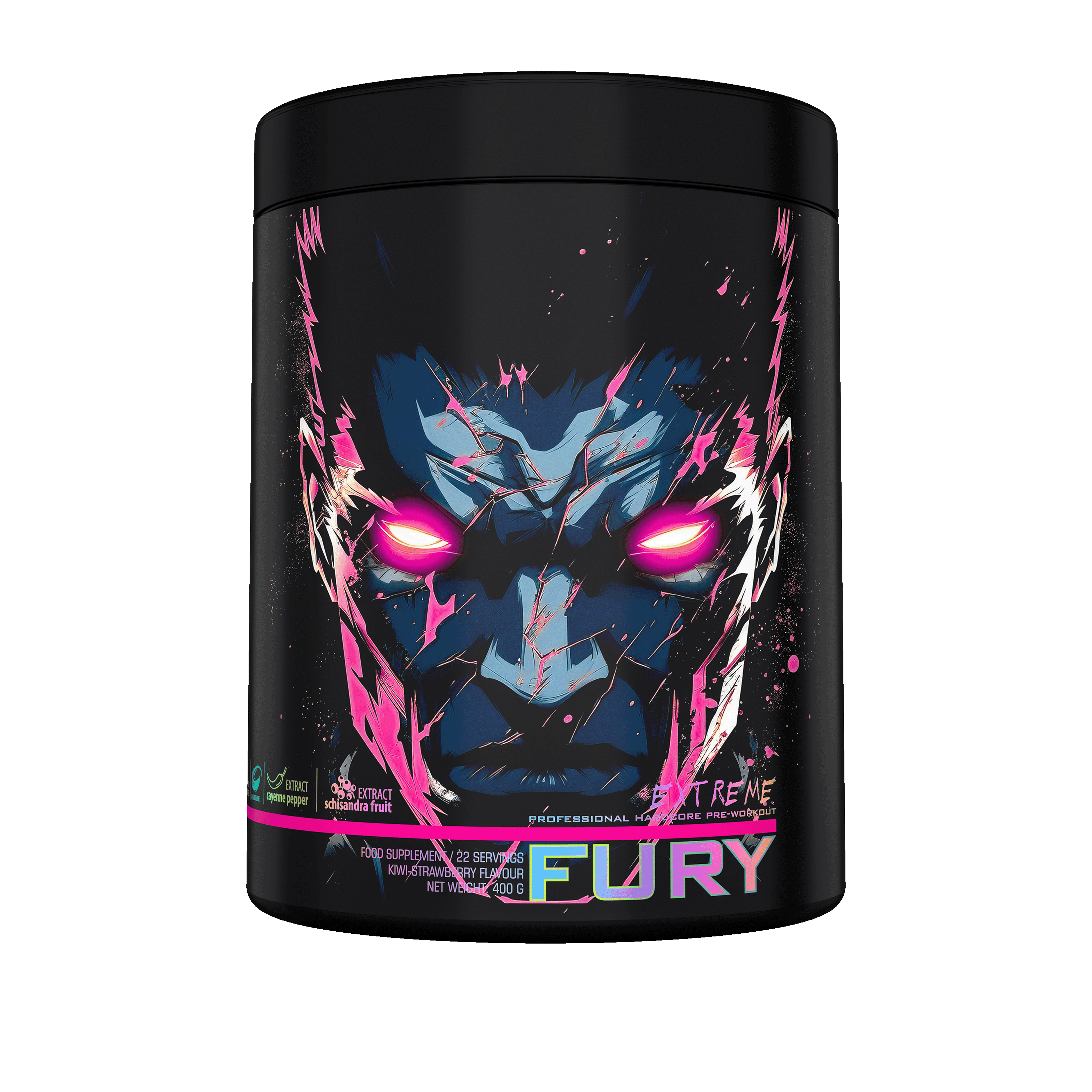 Genius Nutrition Fury Extreme energy supplement in kiwi strawberry flavor, 400g container with vibrant fruit imagery.