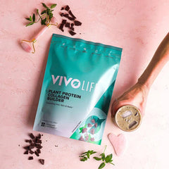 Vivo Life Collagen Builder Plant Protein supplement container with label featuring green and white design, showcasing healthy plant-based ingredients.