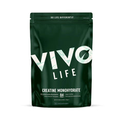 Vivo Life ultra-pure micronized creatine monohydrate supplement container with label, white powder inside, on a plain background.