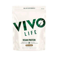 Vivo Life plant-based protein powder with coconut flavor, 30 servings, showing the protein powder container and natural ingredients.