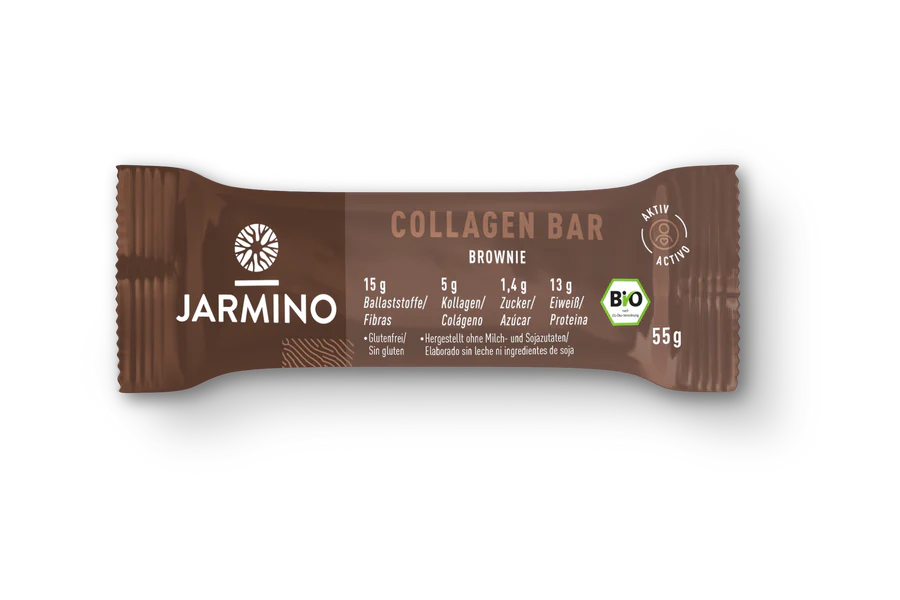 Jarmino Organic Collagen Bar in Chocolate Brownie flavor, a 55g high-protein snack with visible chocolate chunks and brownie texture.