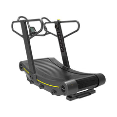 VIKING FITNESS RunMaster curved treadmill with professional magnetic design, featuring a sleek black frame and digital display for fitness training.