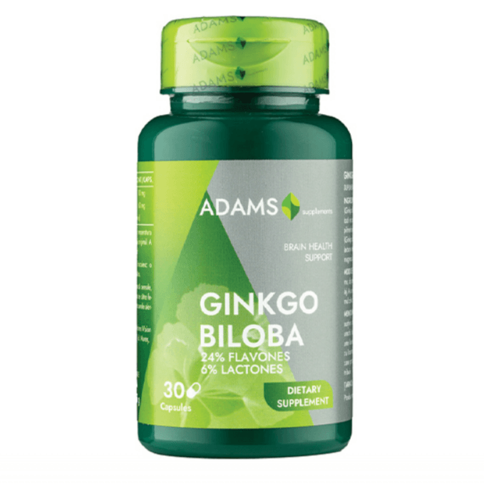 Bottle of Adams Supplements Ginkgo Biloba 24/6 supplement with 30 capsules, shown in a clear container with label.