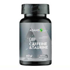Adams Supplements Caffeine + Taurine supplement bottle with 60 capsules, showing the label and product packaging.