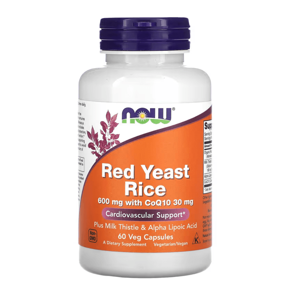 Old Products NOW Foods Red Yeast Rice supplement in 60 vegan capsules, showing the bottle and label.
