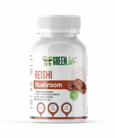 Green Life Reishi Mushroom supplement bottle with 90 capsules, promoting immunity and daily wellbeing.