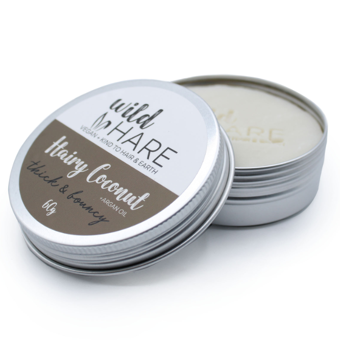 AW GIFTS Wild Hare Solid Shampoo with Hairy Coconut, 60g, natural hair care product featuring a coconut scent and eco-friendly packaging