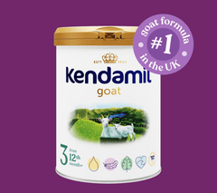 Kendamil Goat Toddler Milk Stage 3 for 12+ months in a container with a label showing goat milk ingredients and nutrition info