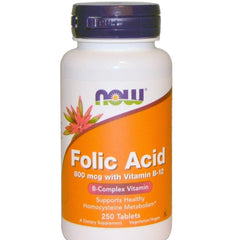 MKSTAVRINOS NOW Foods folic acid supplement bottle with 250 tablets, 800 mcg each, displayed on a white background.