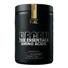 Athlete Fuel REGEN supplement container with 30 servings, featuring a vibrant label and secure lid in a studio setting.