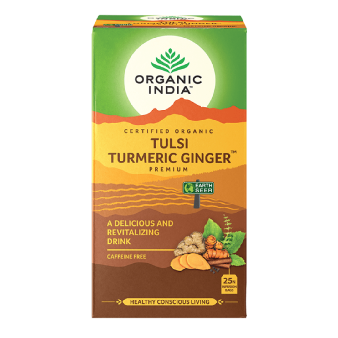 Organic India, BIO Tulsi Turmeric Ginger Tea Premium, Χωρίς καφεΐνη, 25 σακουλάκια έγχυσης 