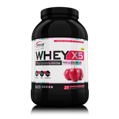 Genius Nutrition WHEY-X5 protein powder with baked apple flavor in 900g container, showing the product packaging.