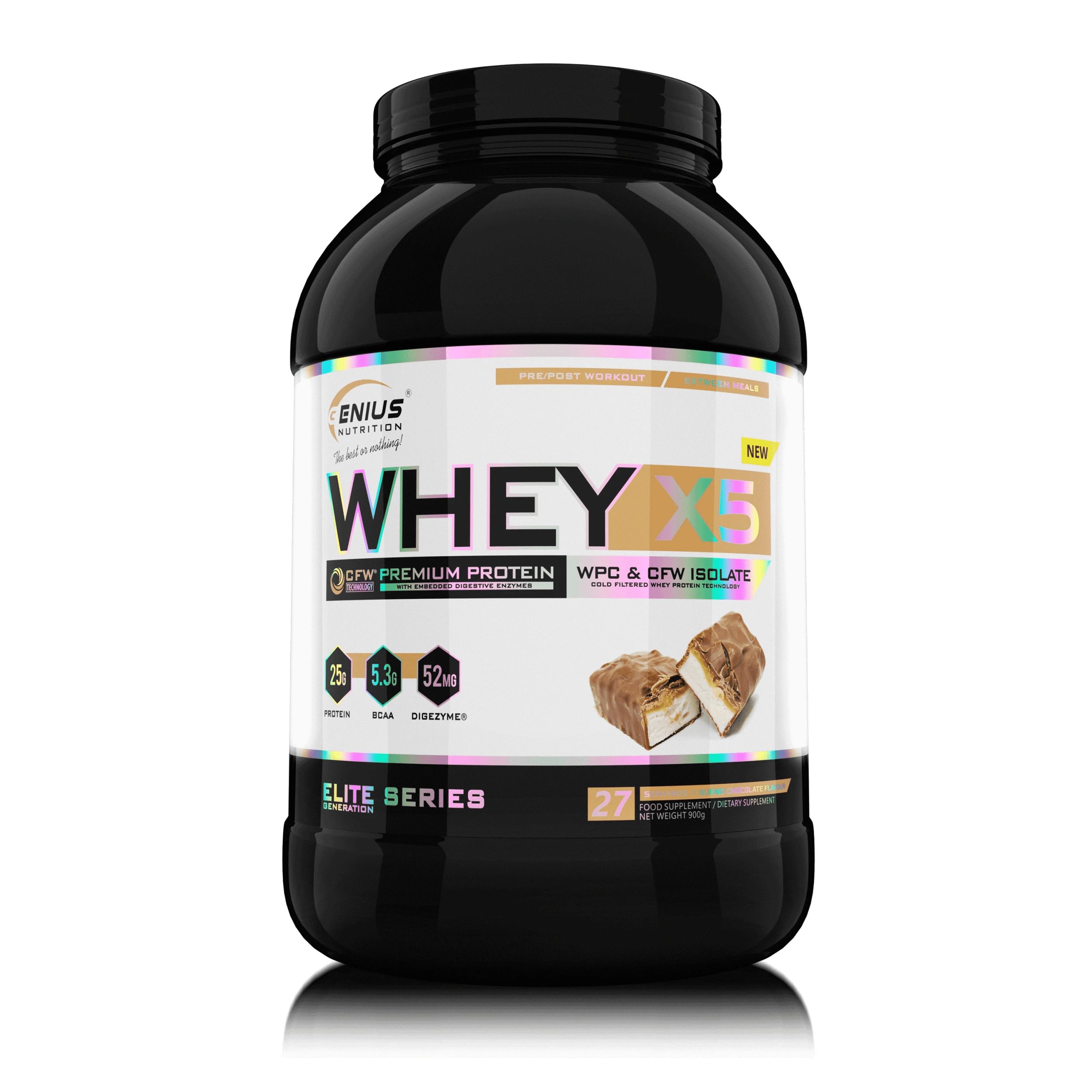 Genius Nutrition WHEY-X5 protein powder in Bueno Chocolate flavor, 900g container with a scoop and chocolate flavor label.