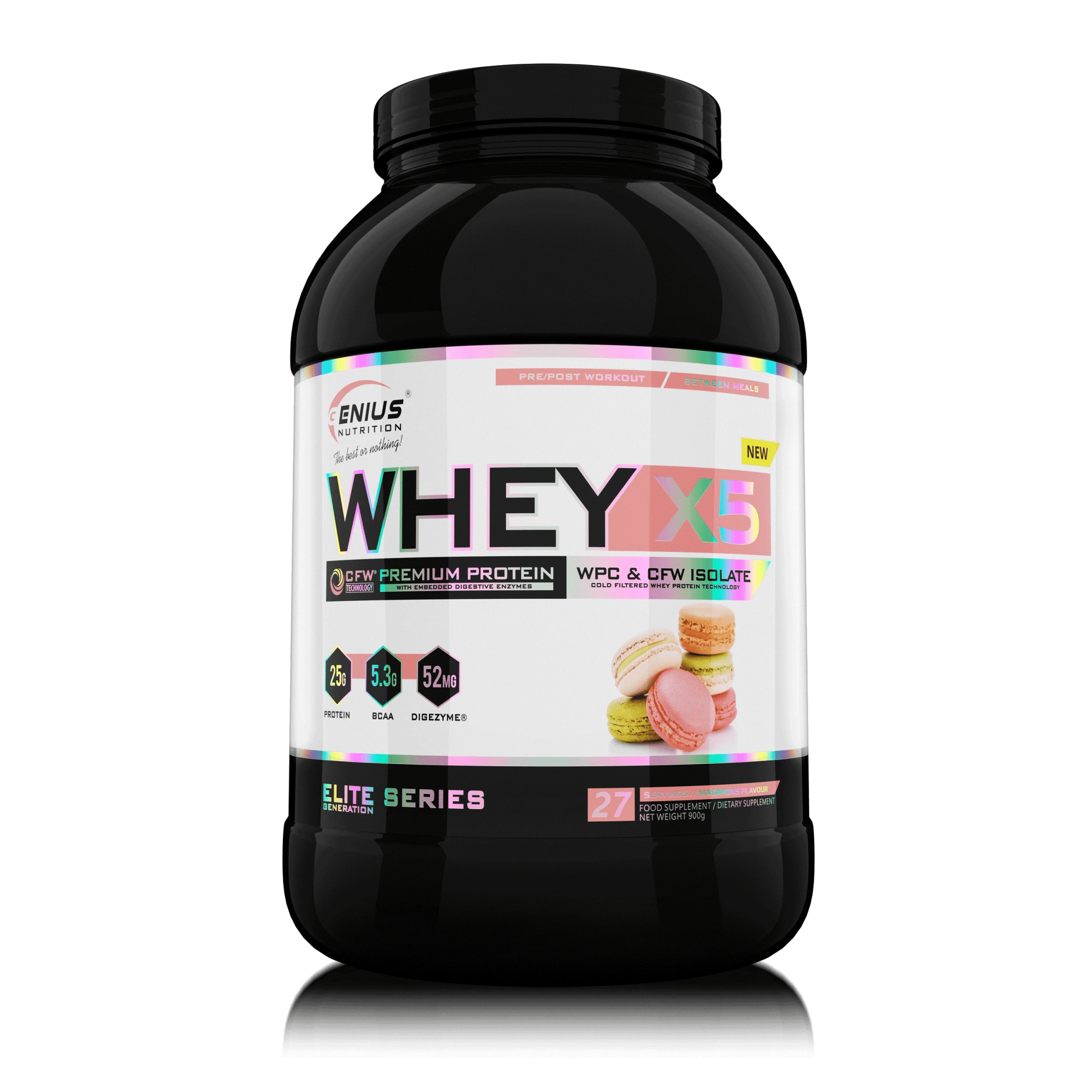 Genius Nutrition WHEY-X5 protein powder with macarons flavor, 900g container, creamy powder in a transparent background image
