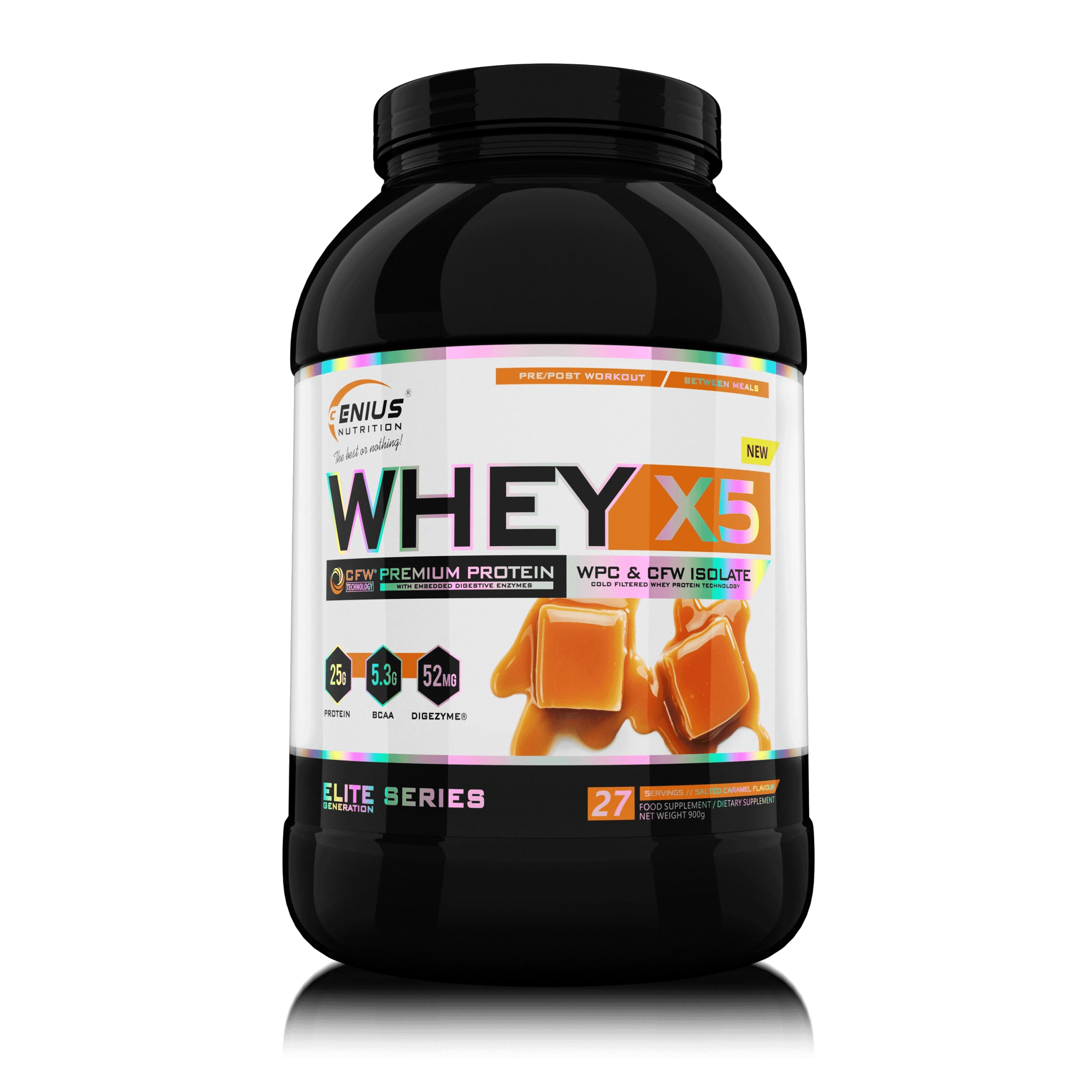 Genius Nutrition WHEY-X5 protein powder in salted caramel flavor, 900g jar with 27 servings on transparent background.