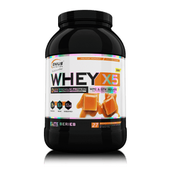 Genius Nutrition WHEY-X5 protein powder in salted caramel flavor, 900g jar with 27 servings on transparent background.