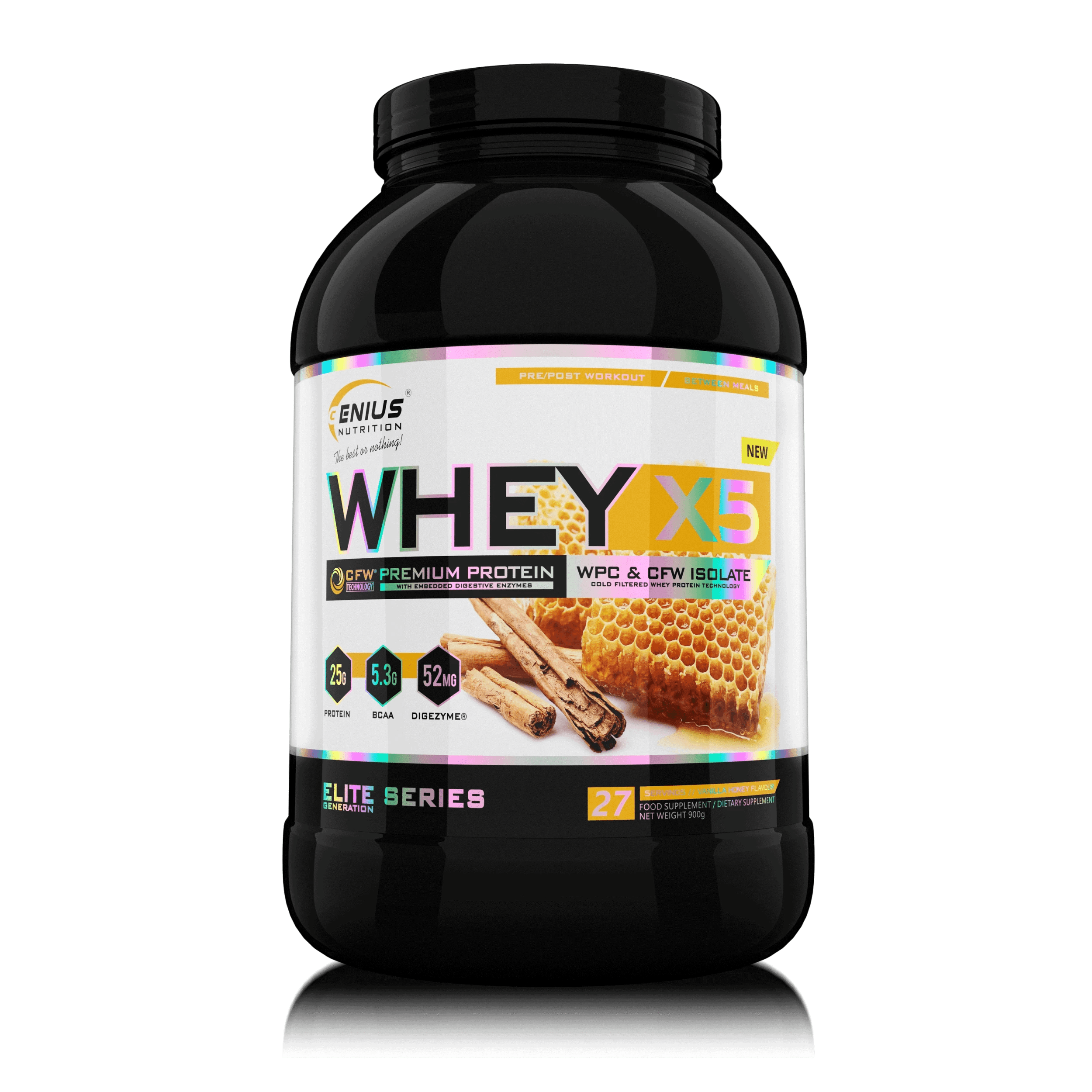 Genius Nutrition WHEY-X5 protein powder in vanilla honey flavor, 900g jar with 27 servings, displayed on a transparent background.