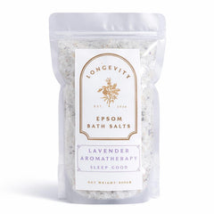 Longevity Lavender Aromatherapy Epsom Bath Salt by AW GIFTS, showing a jar of relaxing lavender bath salts on a white background.