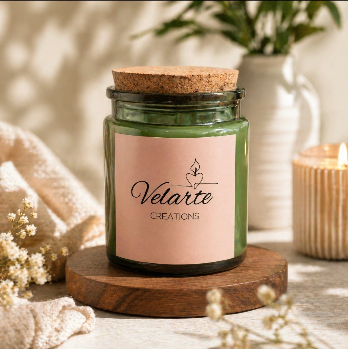 Velarte green glass candle container with cork lid, showcasing a stylish and natural decorative candle.
