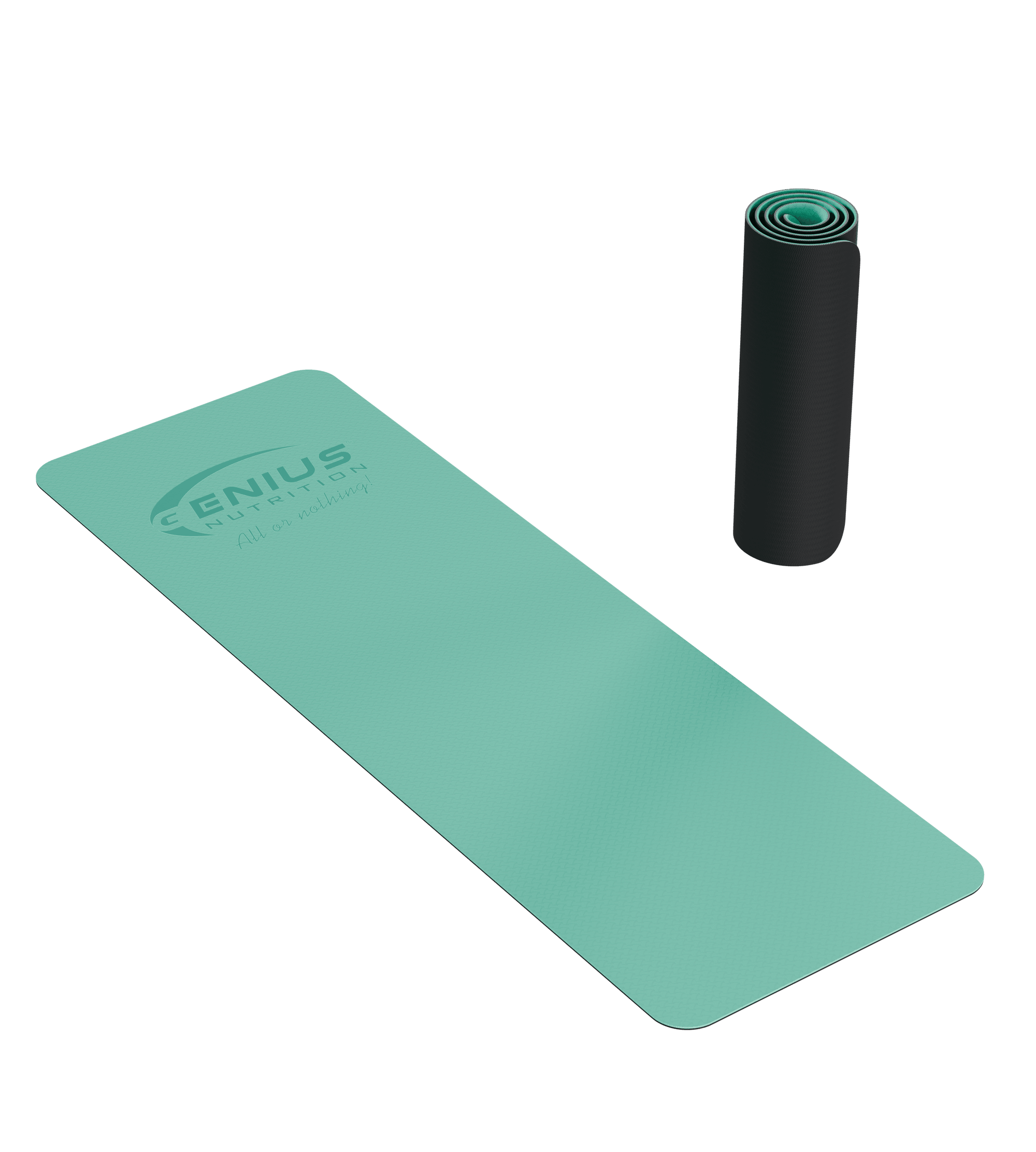 Blue Genius Nutrition TPE yoga mat laid flat, showing its textured surface, perfect for fitness and yoga practice.